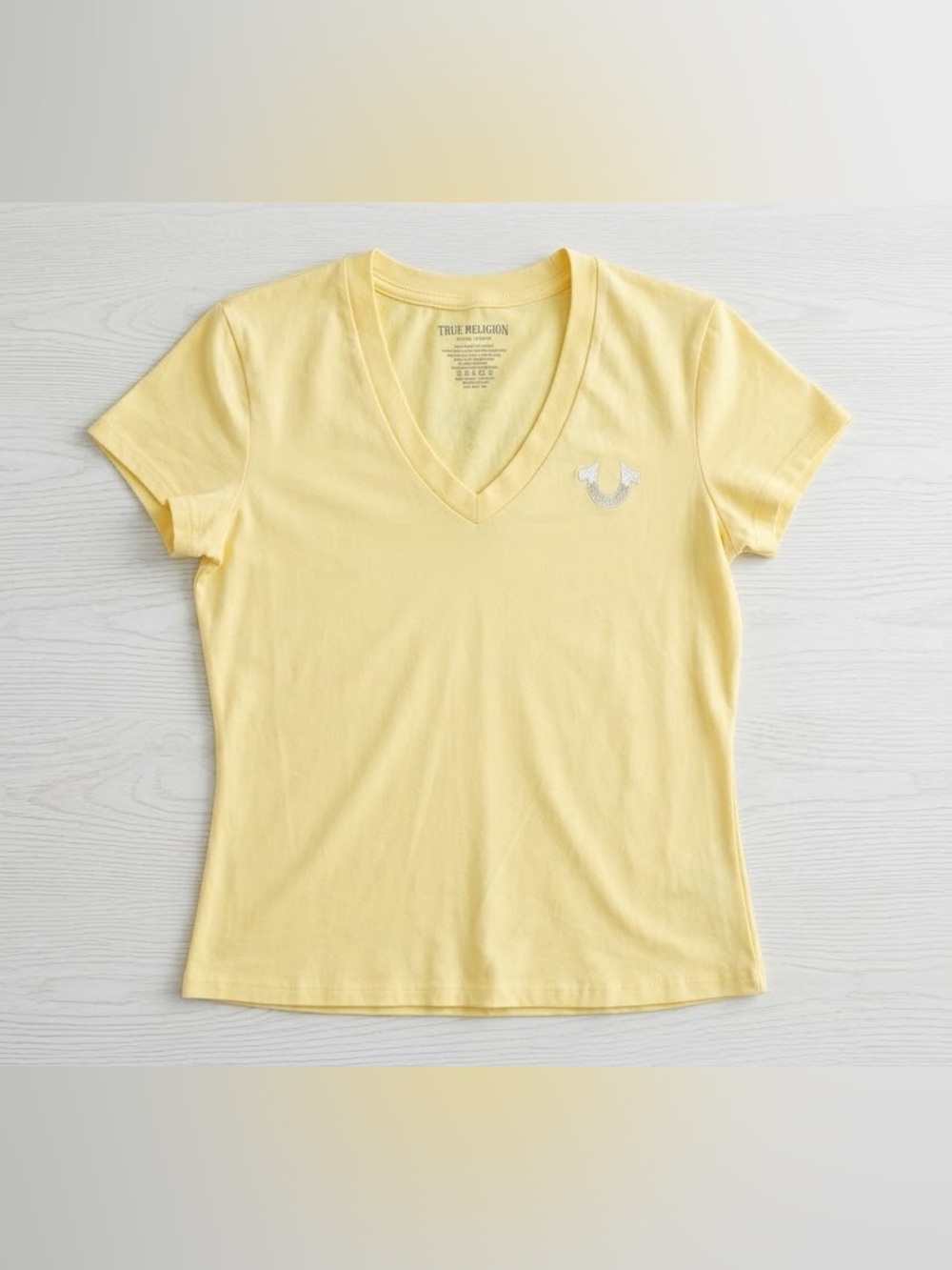 True Religion Script Buddha V-Neck Tee Women's Size M Yellow Guitar Graphic NWOT